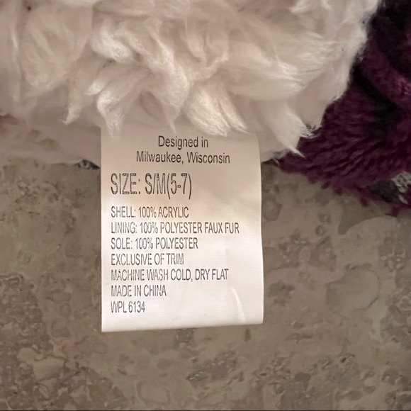 Indoor Booties Slippers With Pom-poms, Purple & Grey Fair Isle, Size S/M (5-7) - Picture 6 of 8